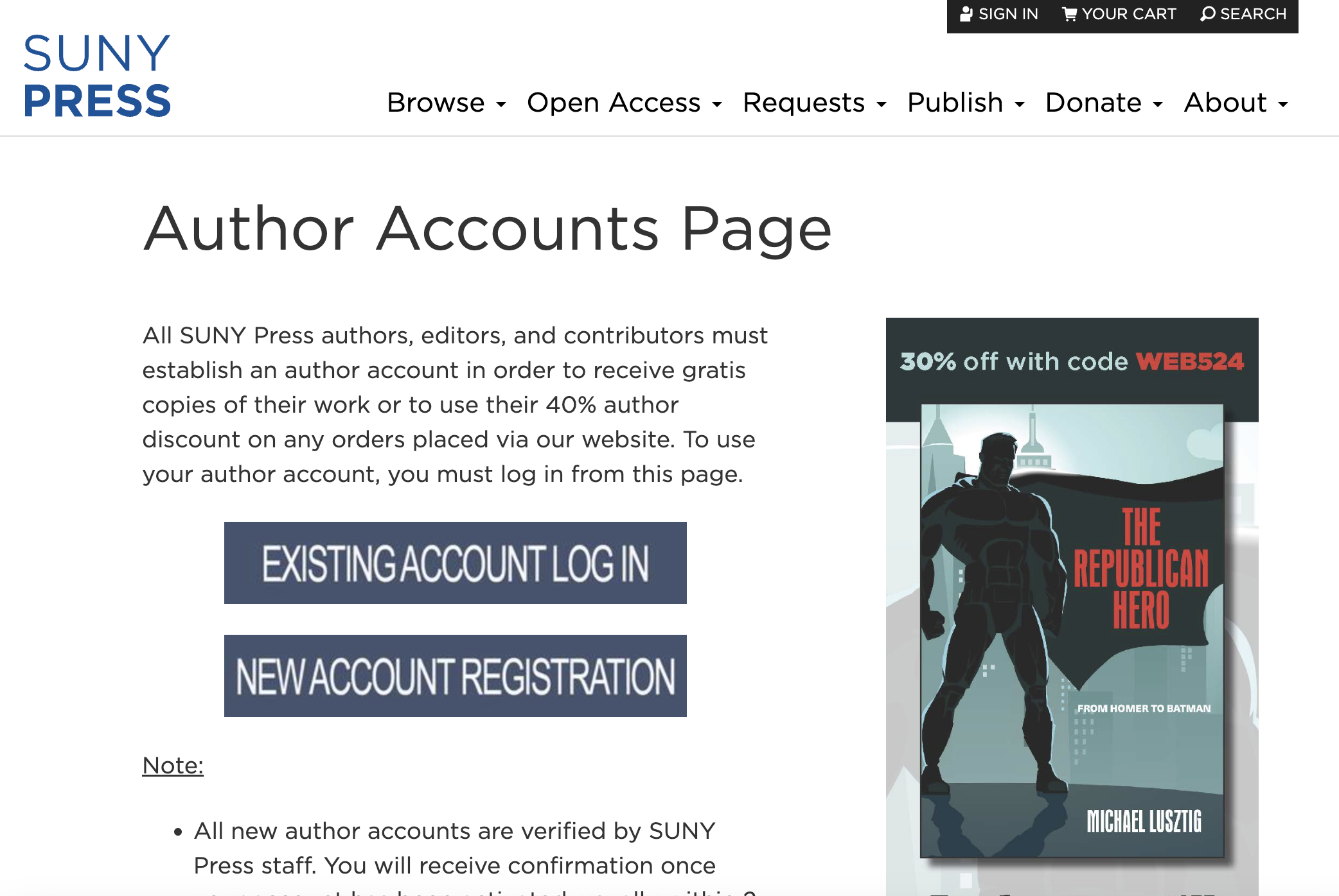 Author Accounts pages on SUNY press