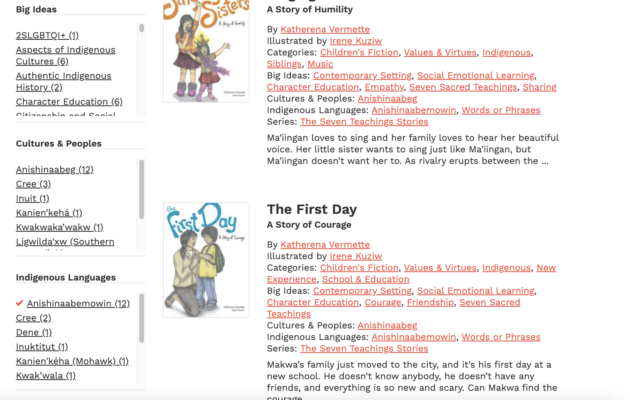 Screenshot of the Portage & Main Press custom subjects filters