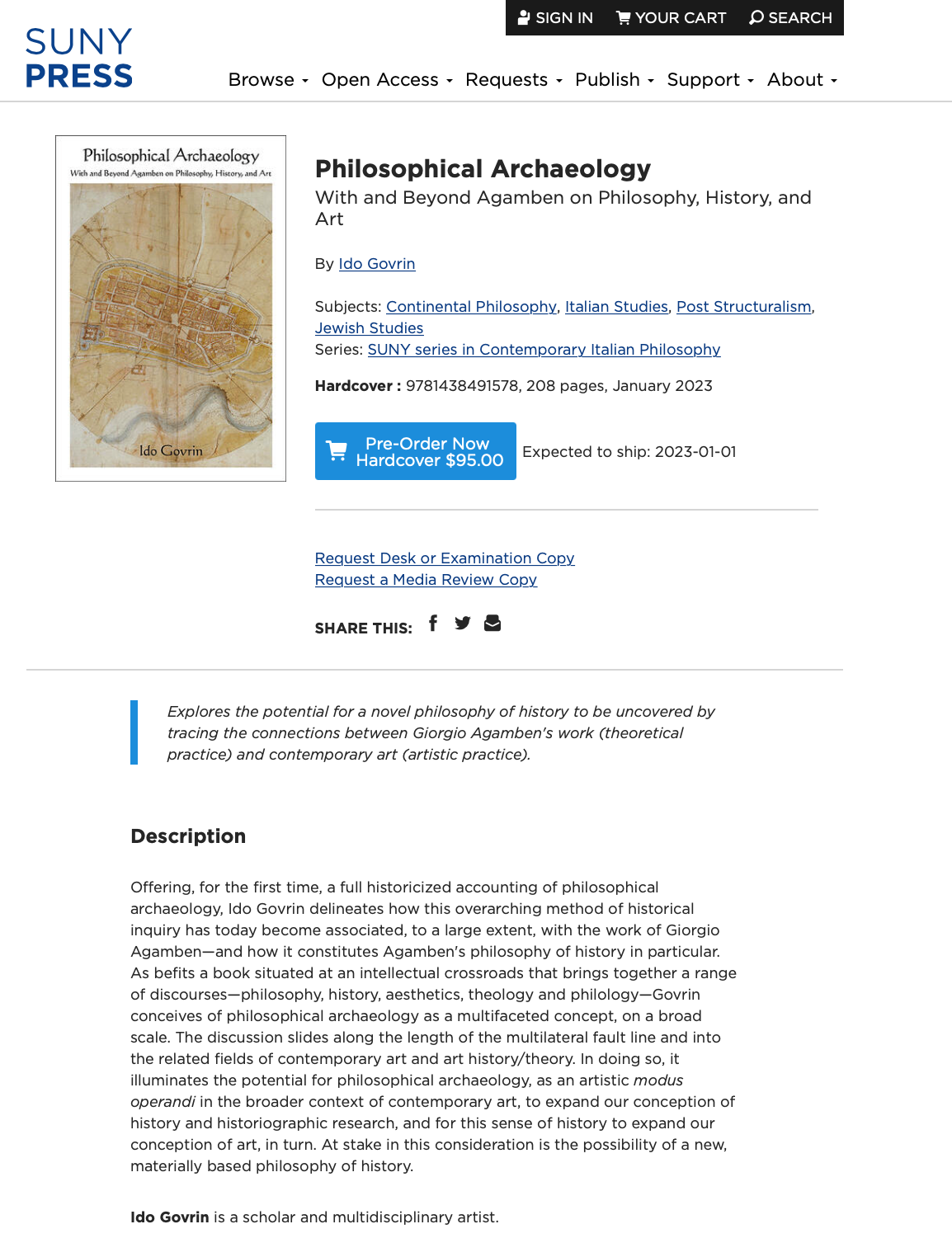 Screenshot of the book listing for Philosophical Archeology on SUNY Press