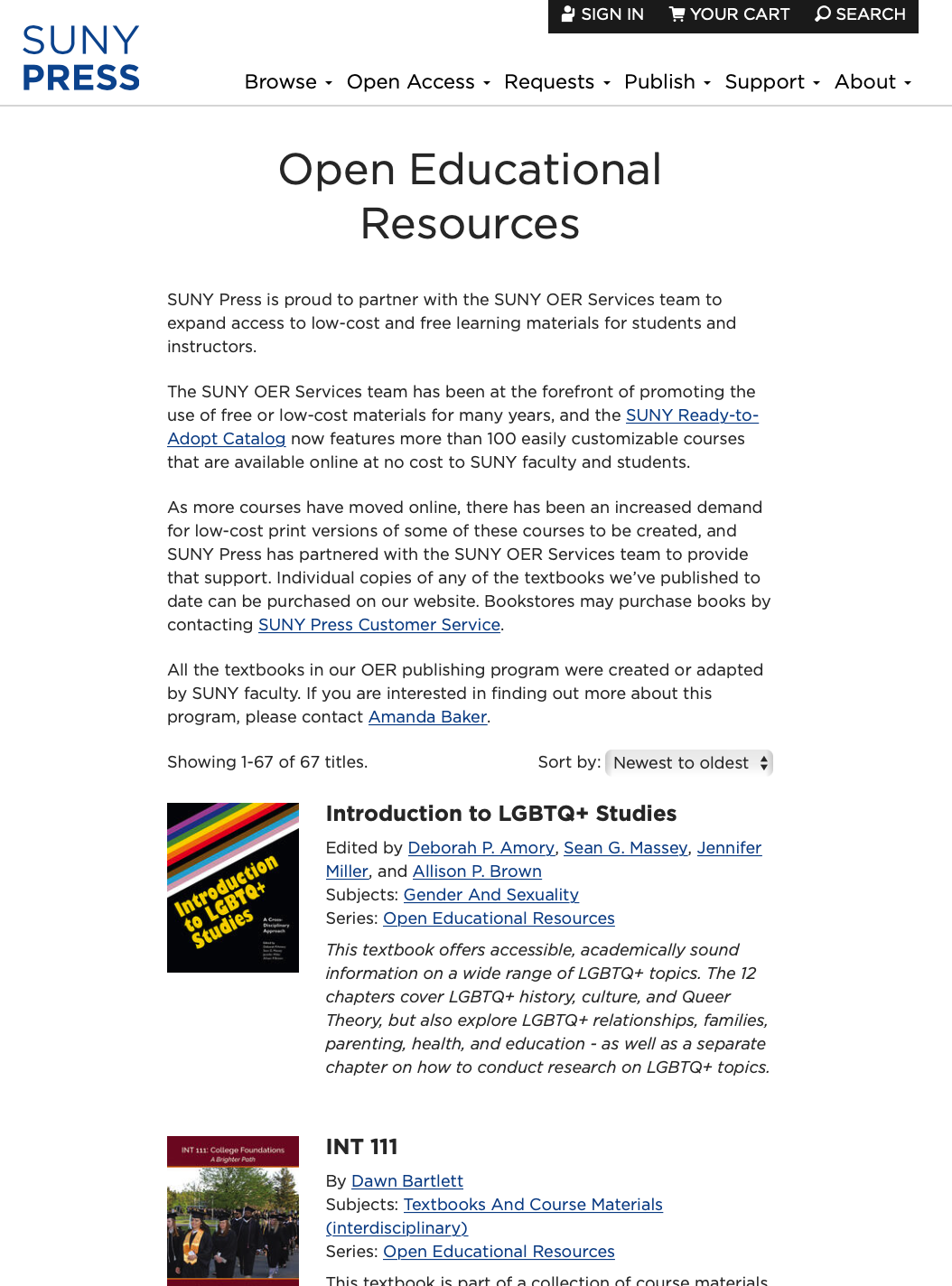 Screenshot of open educational resources from SUNY Press
