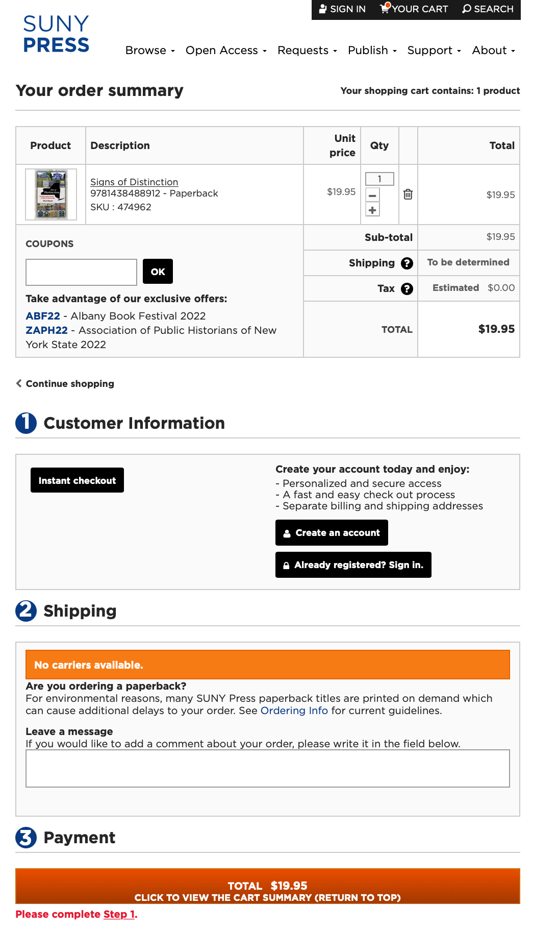 Screenshot of the shopping cart experience on SUNY Press