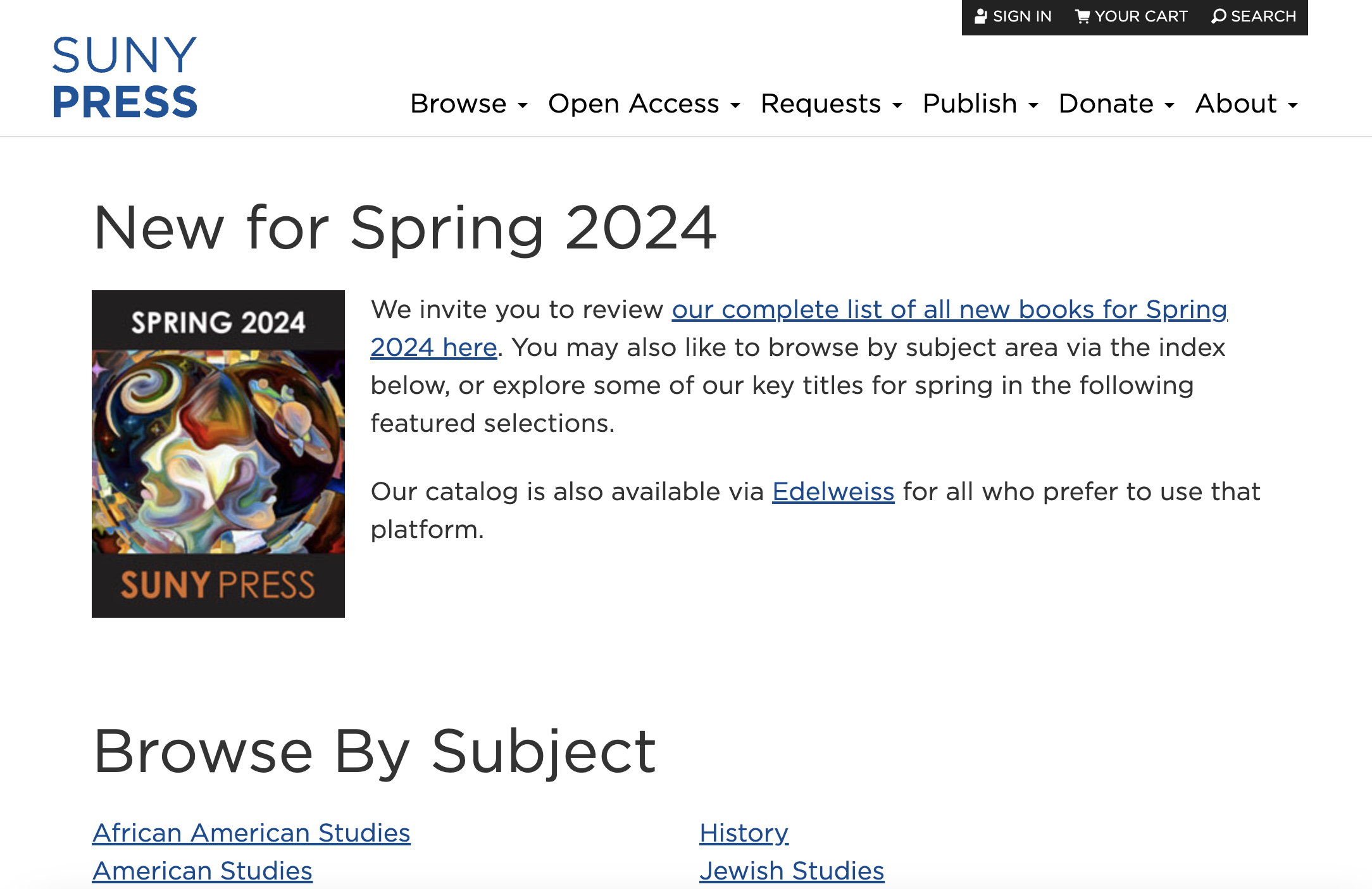 Screenshot of SUNY Press Spring 2024 Catalogue page