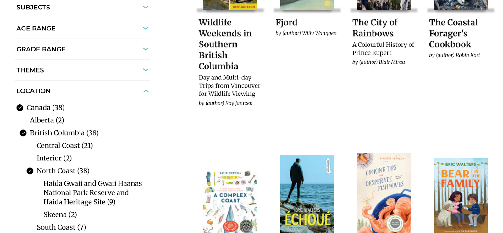 Screenshot of Thema categories on a website